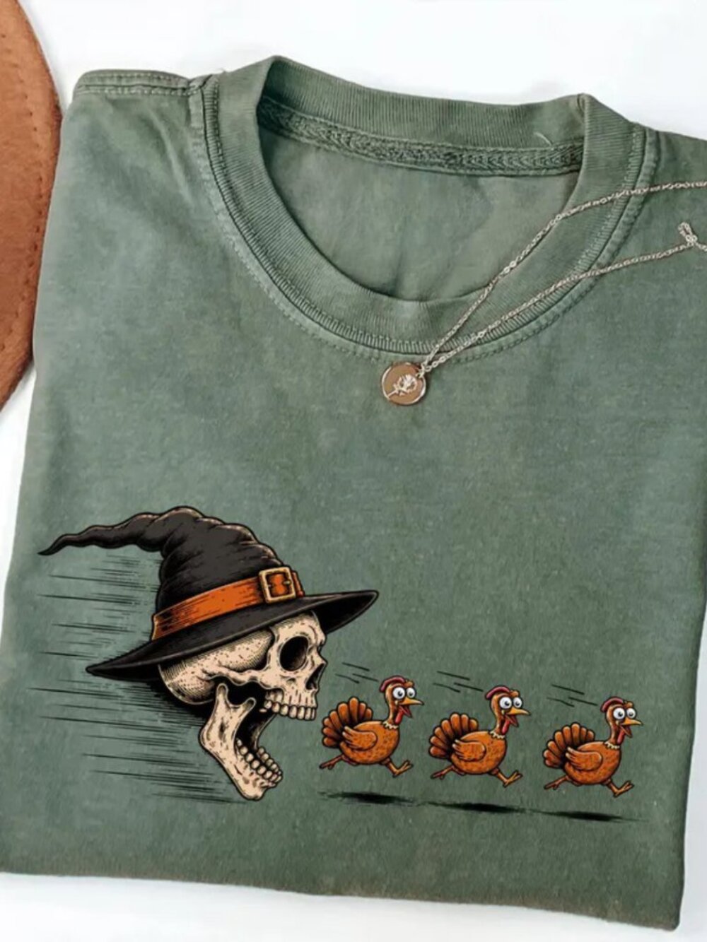 Thanksgiving Halloween Witch Hat Skull Chasing Turkeys Graphic T-Shirt